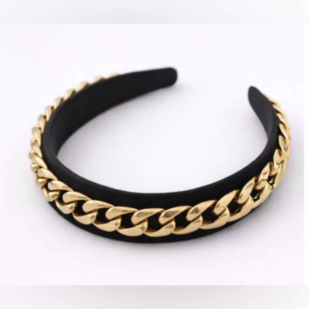 Chic Black Padded Headband w Gold Chain Detail Designer-Inspired Statement Piece - Picture 3 of 7